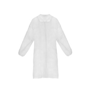 The ASTERIA Disposable Coat is made of durable non-woven fabric and has a length below the knees.